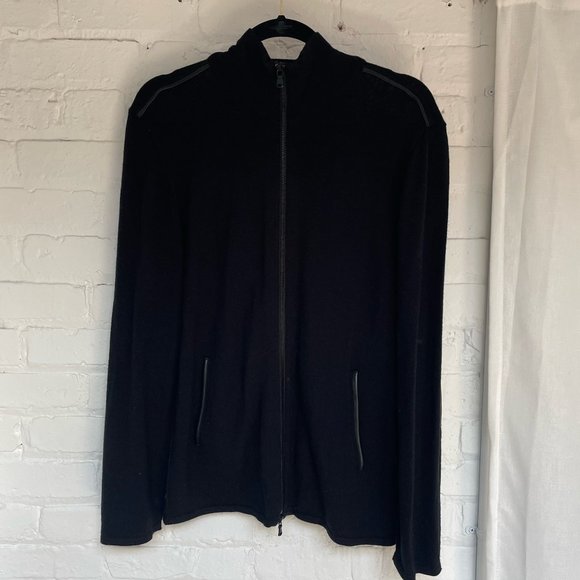John Varvatos Leather Trimmed Zip-Up Sweater- Black